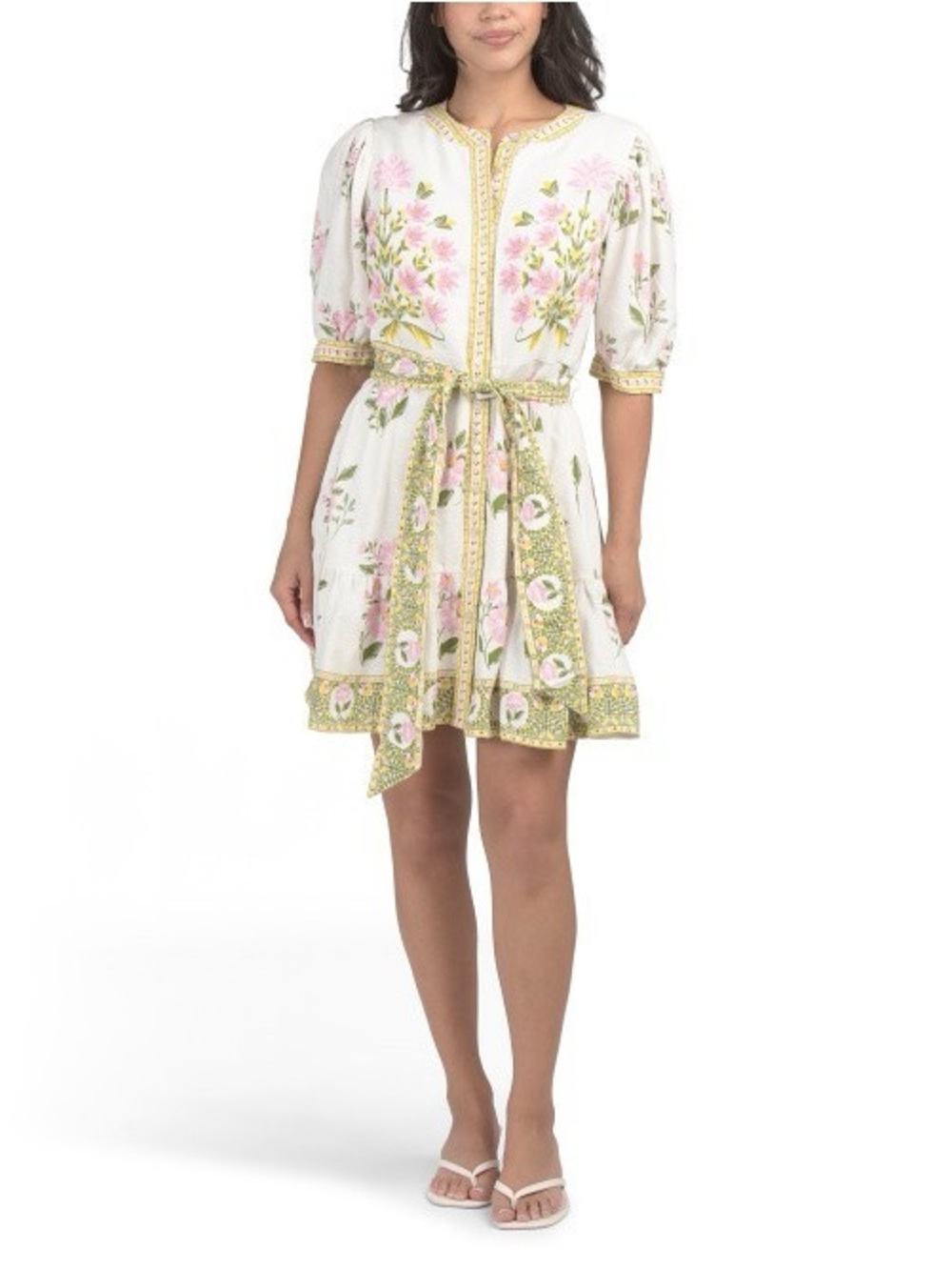 Calypso St. Barth Linen Blend Floral Belted Mini Dress Size Large Pink Yellow